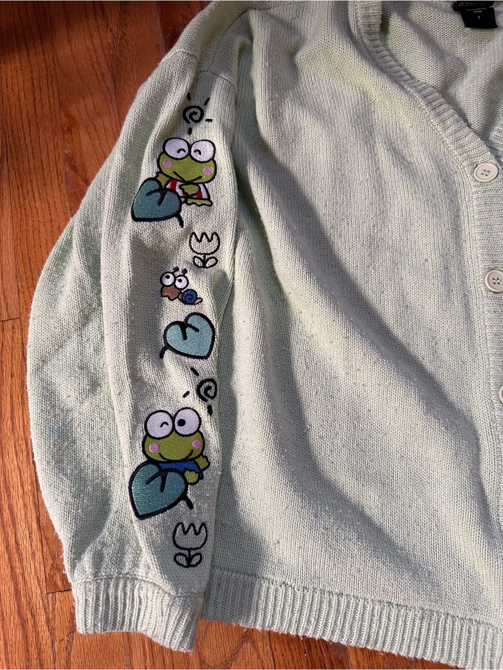 Keroppi Embriodered Button-Front Cardigan Sweater - Light Green - Picture 3 of 10